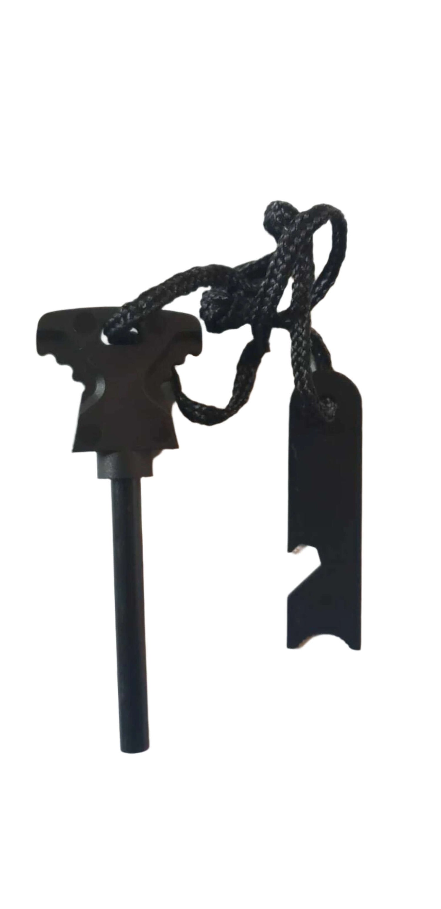 Flint fire starter with butterfly handle and paracord, featuring a multi-tool scraper and emergency whistle, ideal for survival gear.