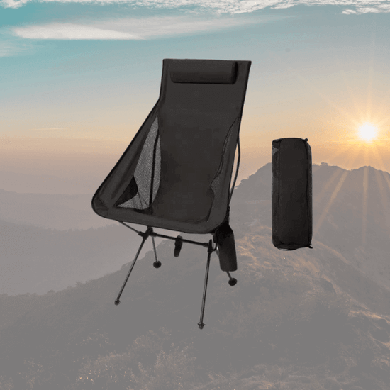 Portable folding camping chair in black, with chair bag, crafted with aluminum alloy frame and 600D cationic fabric with sunset & mountain background.