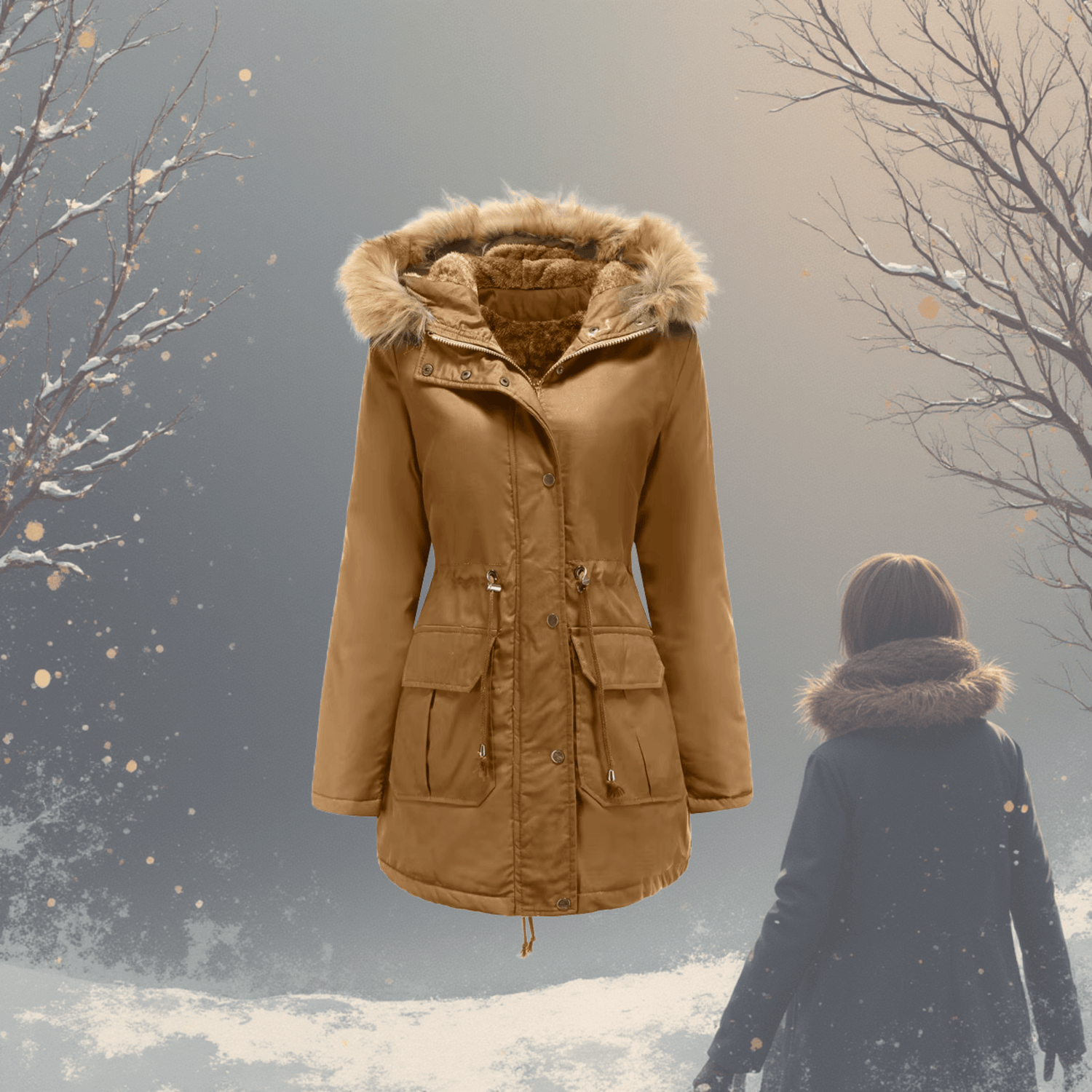 Brown winter coat with fur hood on a snowy background