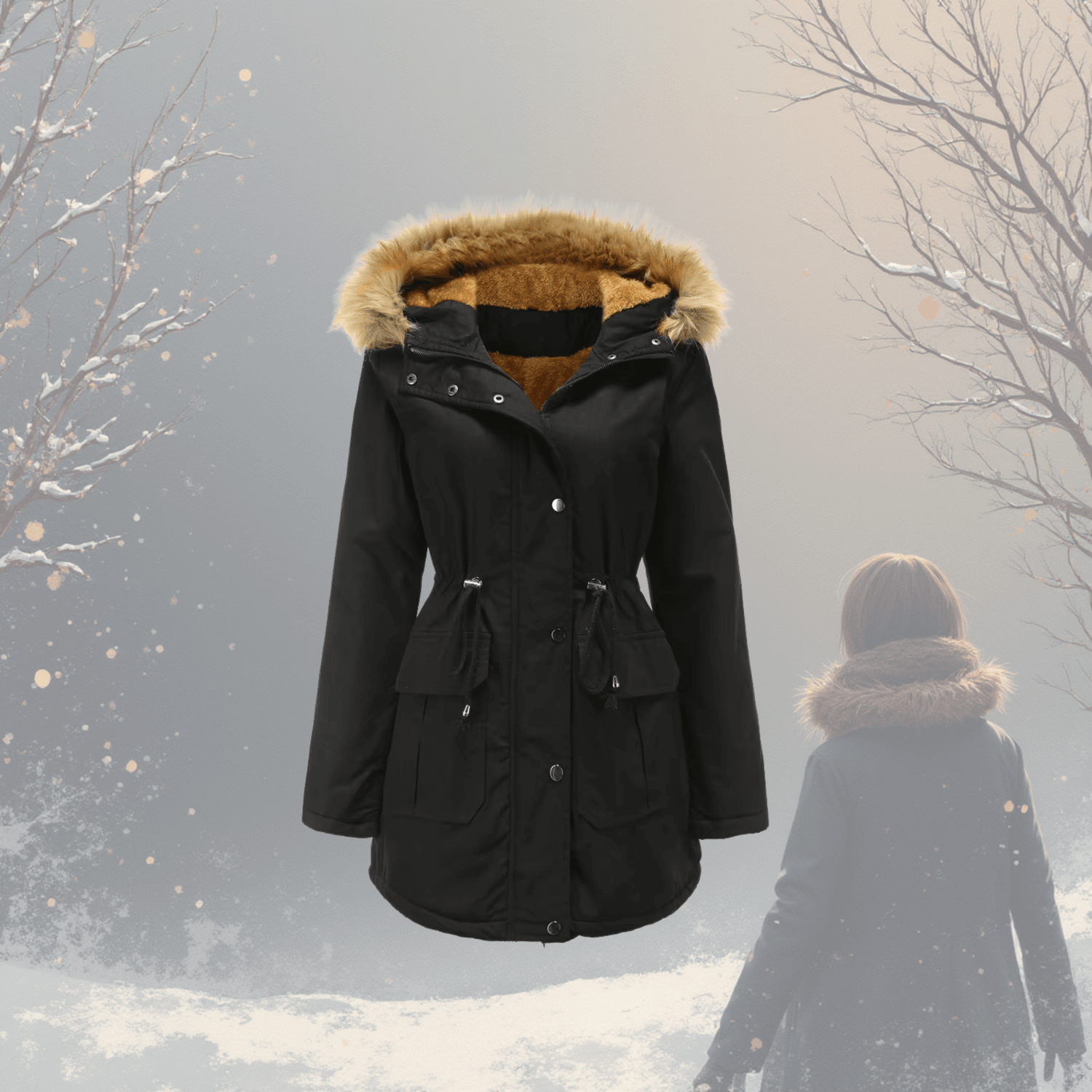 Black winter coat with fur-lined hood on a snowy background