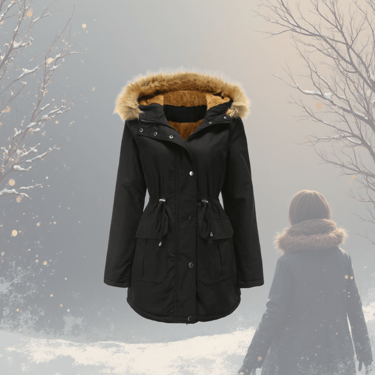 Black winter coat with fur-lined hood on a snowy background