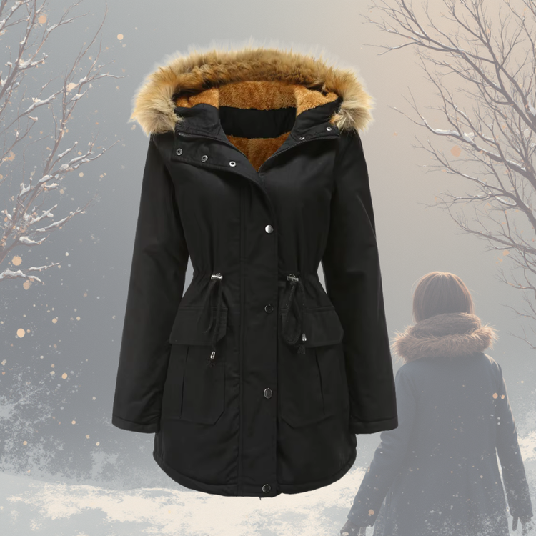 Black parka coat with fur-lined hood on a snowy background