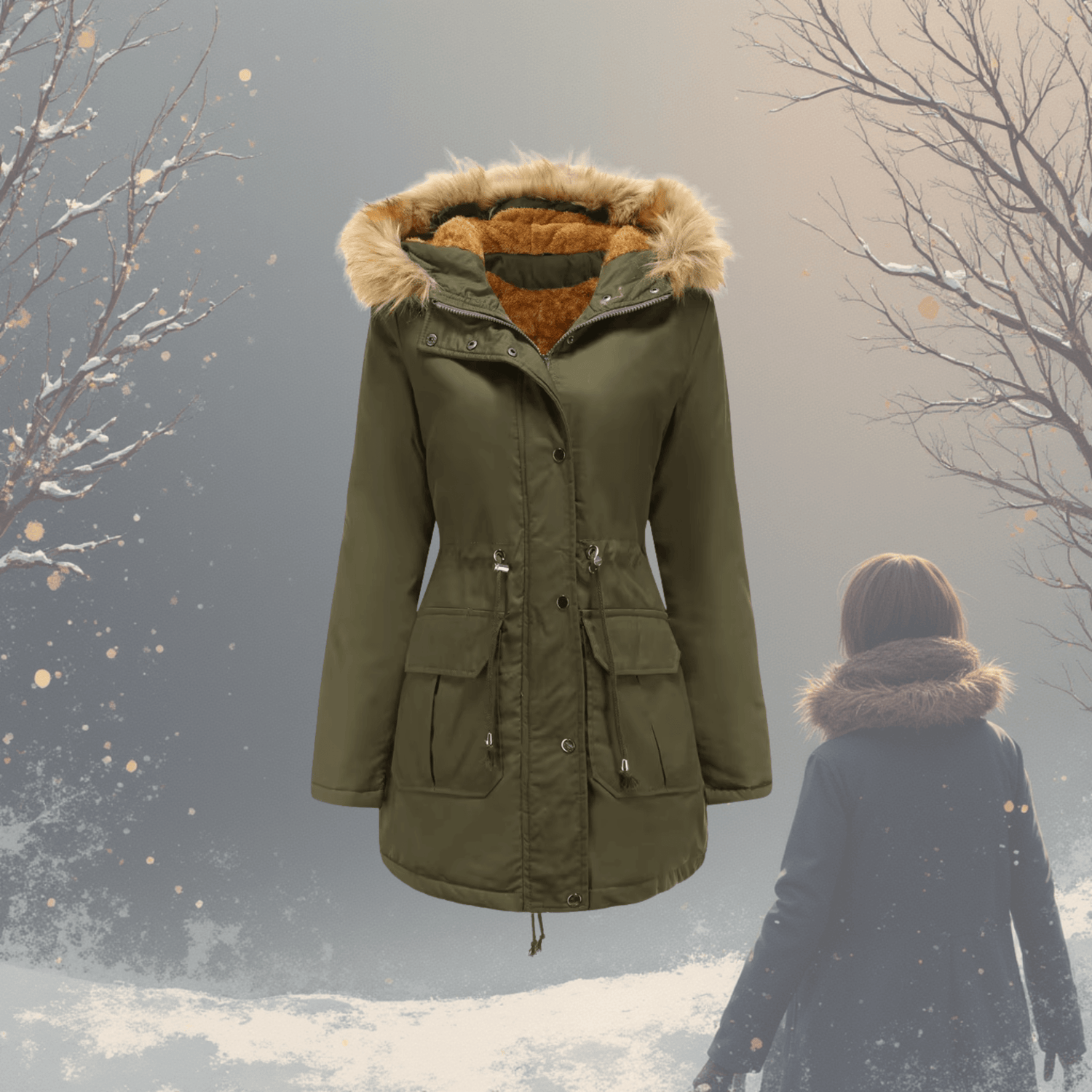 Green parka coat with fur-lined hood on a snowy background