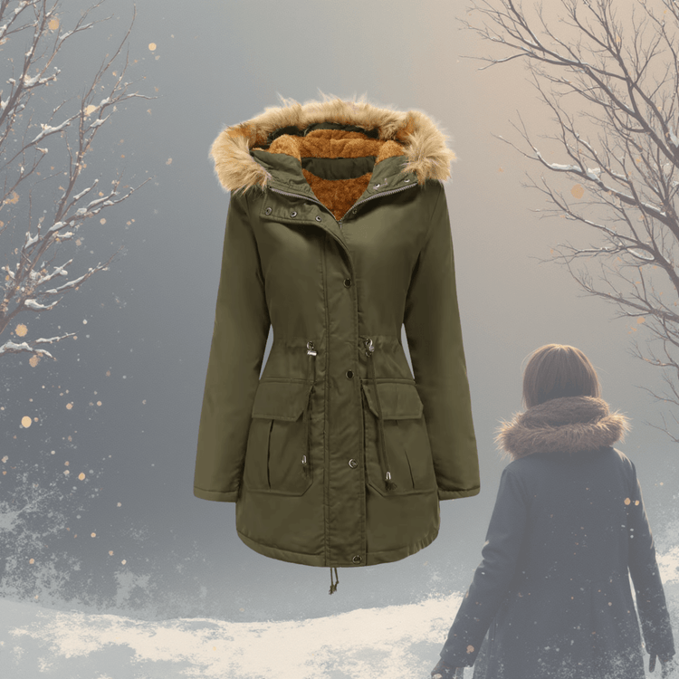 Green parka coat with fur-lined hood on a snowy background