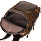 Premium leather sling bag for men; open view showing fabric lining and durable zippers, vintage style, men&