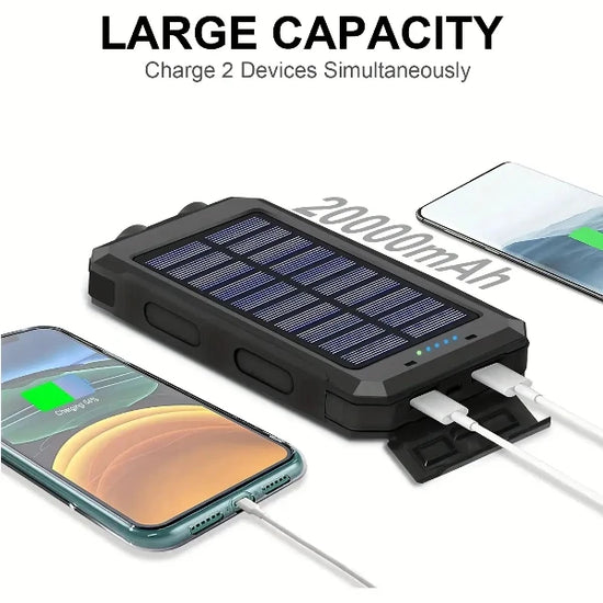 Solar Charger Power Bank 20000mAh charging two smartphones simultaneously with large capacity and fast-charging capability.