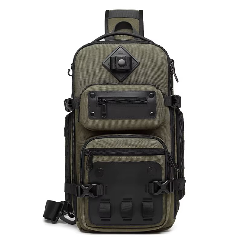 Green tactical crossbody sling backpack with multiple zipper pockets, designed for men. Waterproof and perfect for travel and storage. Model 