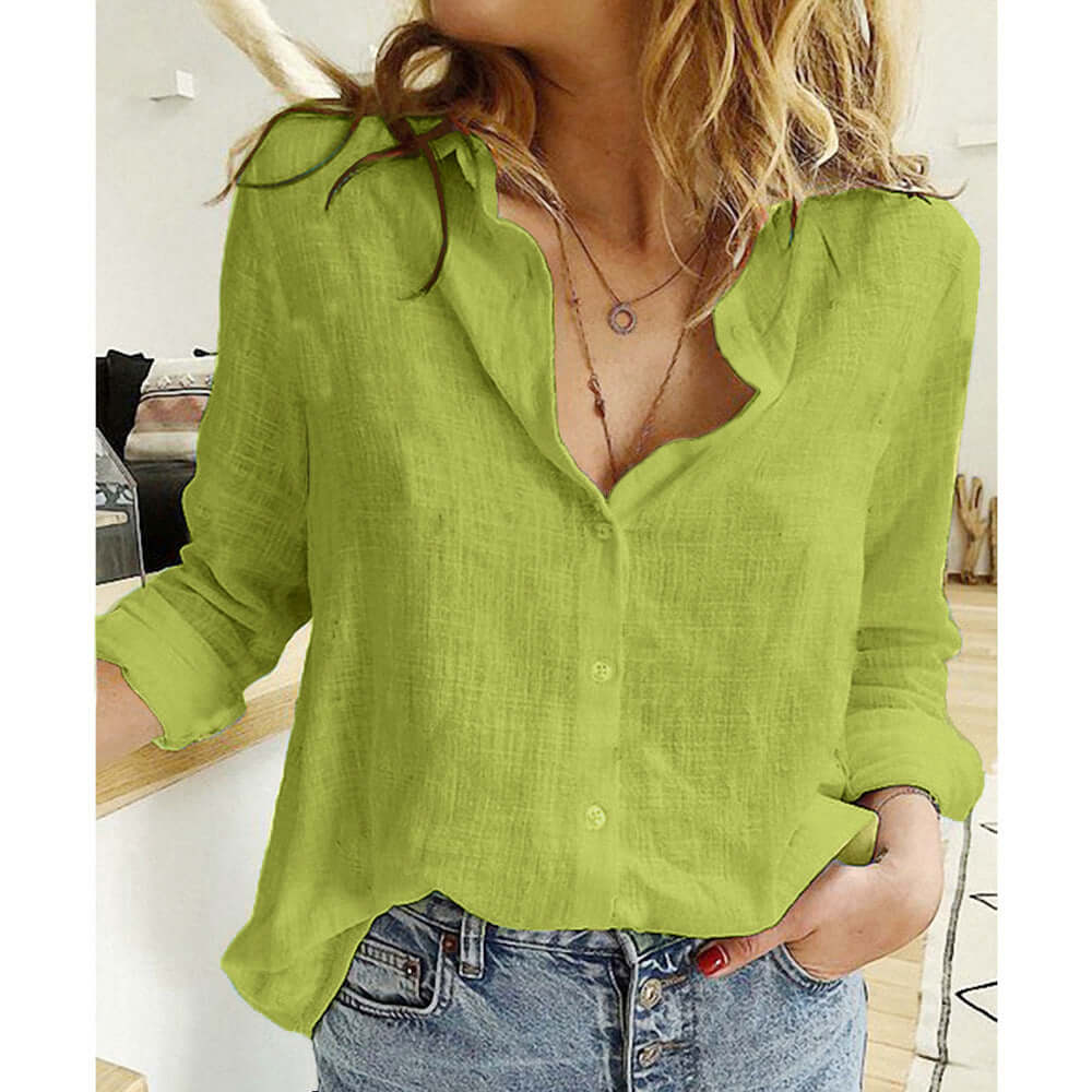 Womens linen blouse in vibrant green, featuring a casual button-up design and relaxed fit, perfect for summer wear.