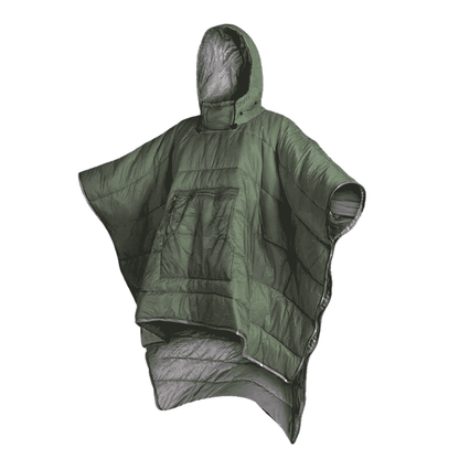 poncho liner sleeping bag in olive green, featuring a hood and front pocket, perfect for outdoor comfort.