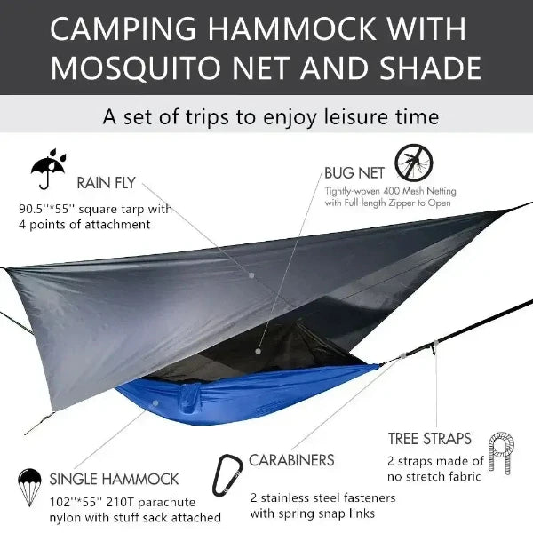 Portable camping hammock with mosquito net and rain tarp, includes tree straps, carabiners, single hammock, and bug net for outdoor leisure.