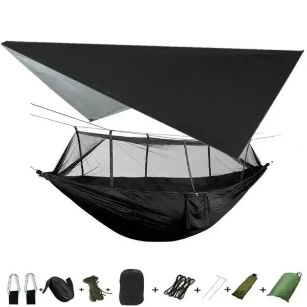 Portable camping hammock with mosquito net, rain tarp, and accessories including hammock straps, ropes, and carrying bag for two person hanging hammock.