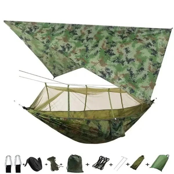 Portable camping hammock with mosquito net and rain tarp set, heavy duty rope hammock for two, ideal for backpacking and tree setup