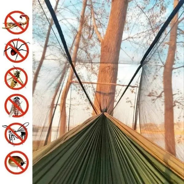 Portable camping hammock with mosquito net setup in the woods, featuring insect repellent icons on the side.