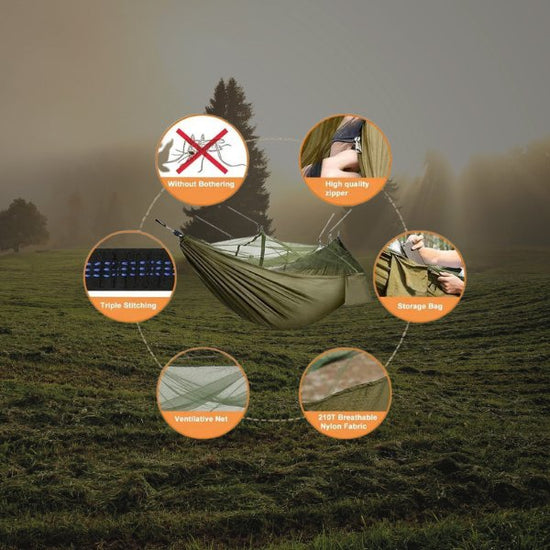 Portable camping hammock with mosquito net and rain tarp made of 210T Parachute nylon fabric for bug-free lounging.