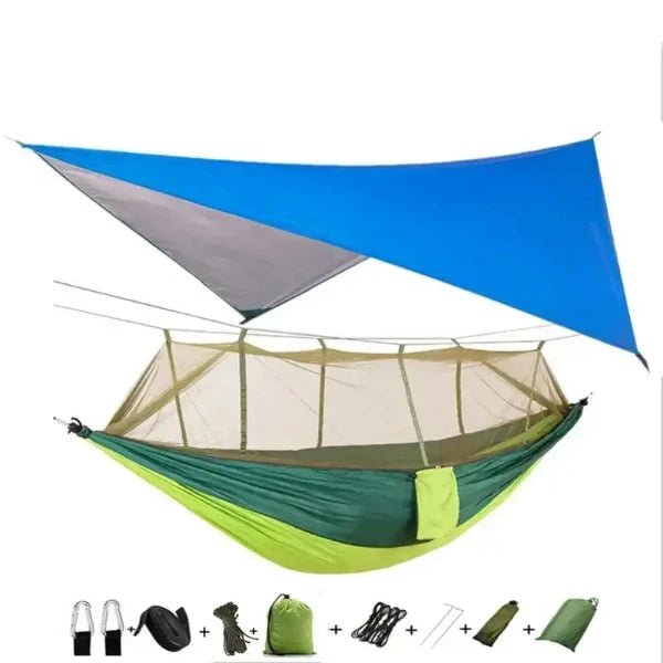 Portable camping hammock with mosquito net, rain tarp, hammock straps, rope hammock, and accessories for backpacking and outdoor use