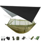 Portable camping hammock set with mosquito net, rain tarp, straps, and accessories for two-person hanging and backpacking.