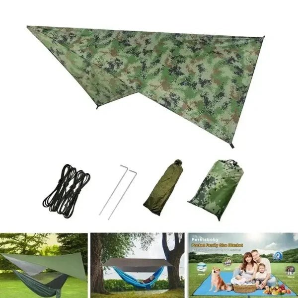 Portable camping hammock with mosquito net and rain tarp in camouflage design, includes ropes, pegs, and carrying bag, ideal for outdoor use