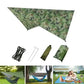 Portable camping hammock with mosquito net and rain tarp in camouflage design, includes ropes, pegs, and carrying bag, ideal for outdoor use