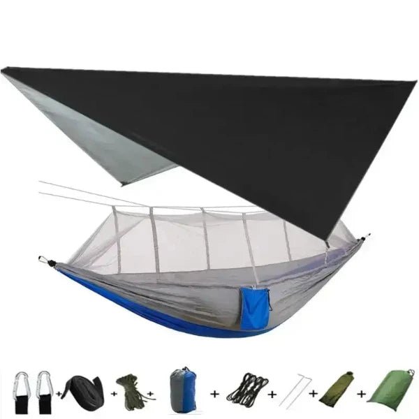 Portable camping hammock with mosquito net, rain tarp, and accessories for two-person, heavy-duty outdoor use.