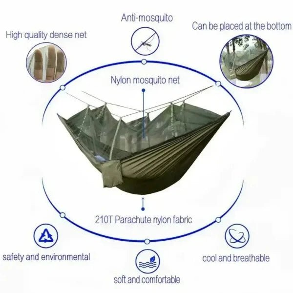 Portable camping hammock with mosquito net and rain tarp made of 210T Parachute nylon fabric for bug-free lounging.