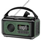 Red radio with solar, electric, and hand crank charging, holding strap, white background.