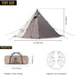 Dimensions of a tipi tent, carrying bag, and illustration of six possible placements inside the tent.