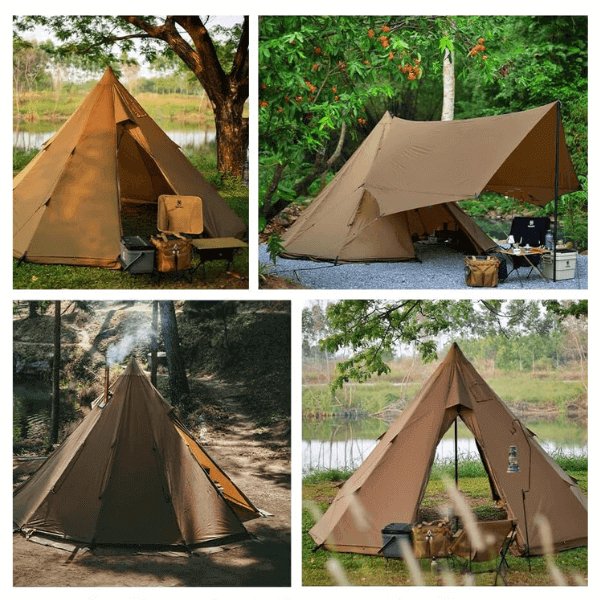 Four photos showing tipi tent in different positions with various outdoor backgrounds.