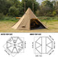 Waterproof Tipi Hot Tent for 4-season camping with detailed outer and inner tent size dimensions, ideal for families and outdoor activities.