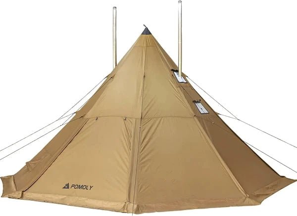 Pomoly Tipi hot tent for 4-season camping, made with waterproof 70D Ripstop Polyester, designed for comfort in hiking, backpacking, hunting, and fishing.