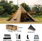 Tipi hot tent for all-season camping with accompanying accessories including tent poles, tent pegs, guy lines, and stove jack