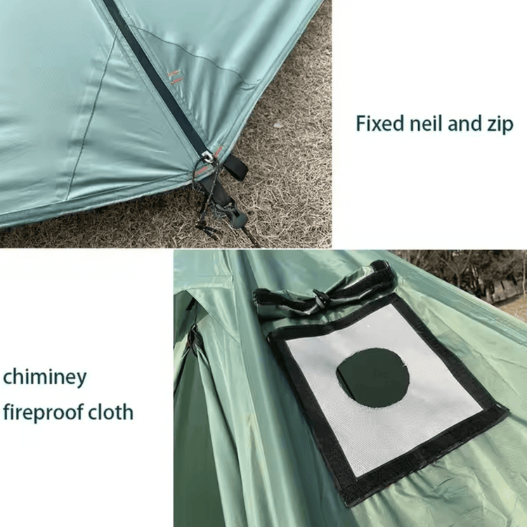 wood stove Tipi Tent features fixed nails, zips, and fireproof chimney cloth for safe, 4-season camping.