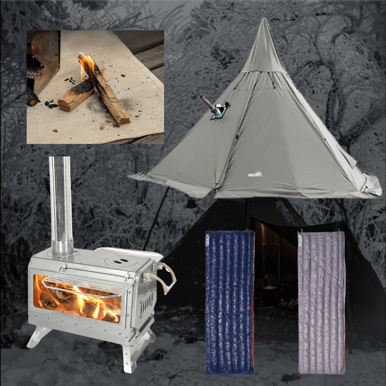 Winter camping gear, wood-burning stove, teepee tent, sleeping bags, cold weather camping, outdoor gear, camping essentials.