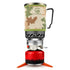 Portable backpacking gas stove with camouflage pot and red fuel canister for camping and outdoor cooking.