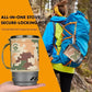 Portable backpacking all-in-one gas stove system with secure-locking pot for efficient outdoor cooking shown with a hiker&