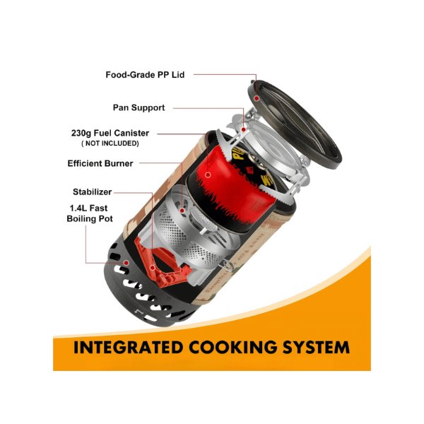 Portable backpacking super boiling-jet gas stove system with integrated cooking components labeled, showing lightweight design.