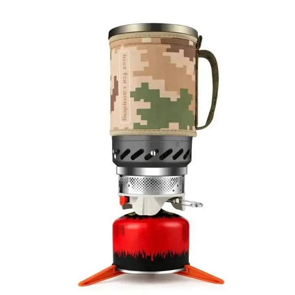 Portable backpacking gas stove system with camouflage pot cover, compact and efficient for outdoor cooking and camping trips.