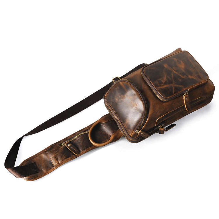 Premium leather sling bag for men with vintage design and durable metal zippers, ideal for stylish crossbody wear.