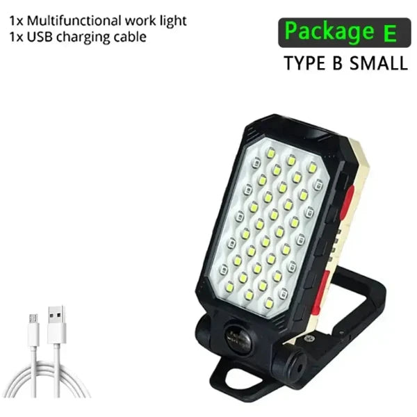 Package E Small portable rechargeable LED COB work light with USB charging cable, ideal for battery operated outdoor light fixtures and led work lights.