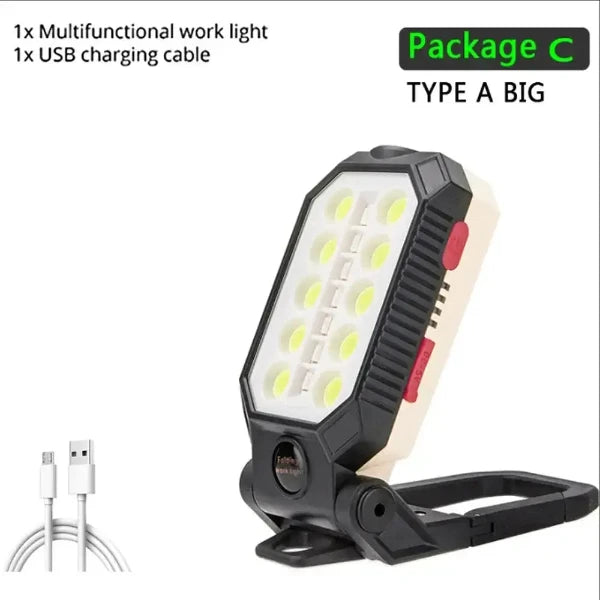 Portable rechargeable LED COB work light with USB charging cable, flexible magnetic base, and heat dissipation design for outdoor use