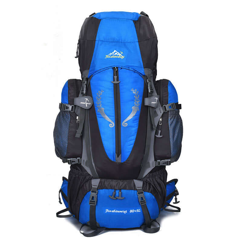 Large blue and black hiking backpack with multiple compartments and straps, ideal for camping and travel; durable and water-resistant.