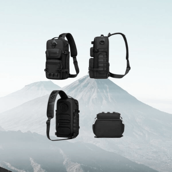Black tactical crossbody sling backpack for men with multiple zipper pockets, designed for travel and security, shown from different angles.