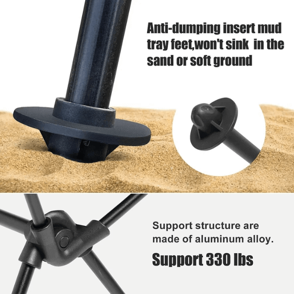 Folding camping chair with antidumping insert feet supports 330 lbs, made with aluminum alloy for various terrains.