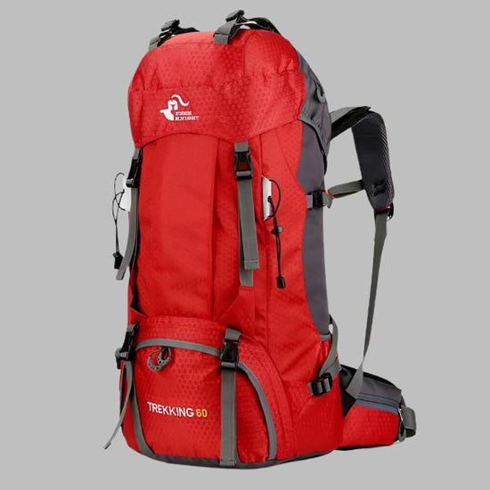 Red ultralight hiking backpack 60L for women, ideal for backpacking, travel, and outdoor adventures with water-resistant and tear-resistant nylon fabric.