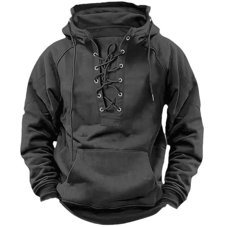 Black tactical hoodie for men with lace-up front and adjustable drawstring, perfect for versatile and active wear.