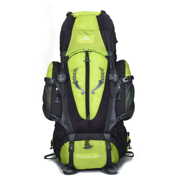 Large green and black hiking backpack, 55-75L capacity, lightweight and waterproof, with waist and luggage straps, unisex design.