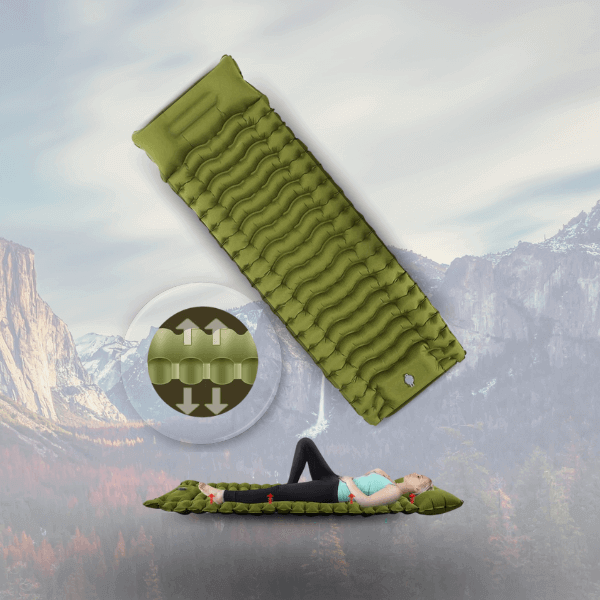 Olive green camping sleeping pad with body mapping technology, built-in inflator pump, and repair kits. Ideal for hiking, size: 74.8 x 22.8 inches (190 x 58 cm).