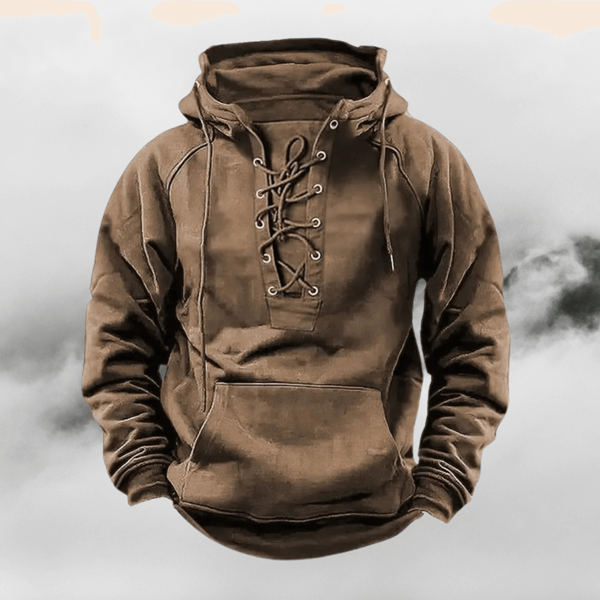 Brown tactical pullover hoodie for men with lace-up front, ideal for lightweight comfort and style in casual or active settings.