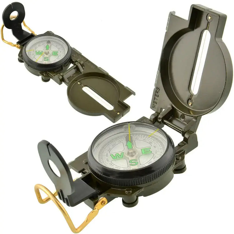 Portable military compass with luminous dial, integrated bubble level, magnifying view, and liquid-filled for stability and accuracy.