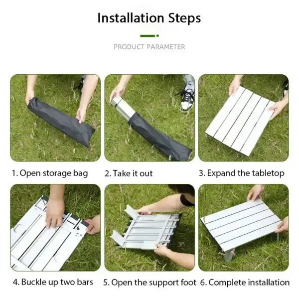 Installation steps for setting up the Mini Camping Table Ultralight Aluminum Alloy: open storage bag, take it out, expand tabletop, buckle bars, open support foot, complete installation.