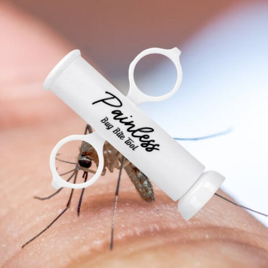 Painless mosquito bite relief tool extracting bite, providing itch and irritation relief.